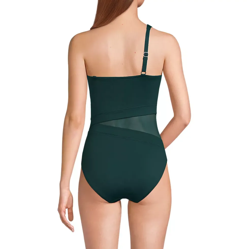 Women's Chlorine Resistant Smoothing Control Mesh High Leg One Shoulder One Piece Swimsuit
