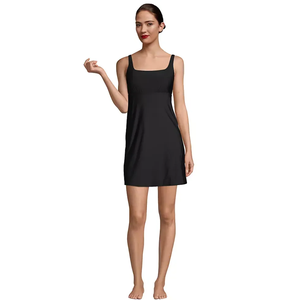 Women's Chlorine Resistant Tummy Control Square Neck Swim Dress One Piece Swimsuit with Shorts