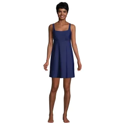 Women's Chlorine Resistant Tummy Control Square Neck Swim Dress One Piece Swimsuit with Shorts