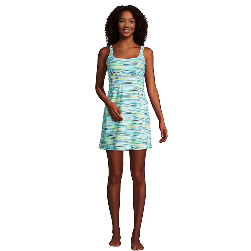 Women's Chlorine Resistant Tummy Control Square Neck Swim Dress One Piece Swimsuit with Shorts