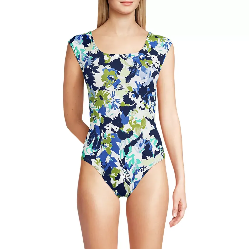 Women's Chlorine Resistant Tummy Control Cap Sleeve X-Back One Piece Swimsuit