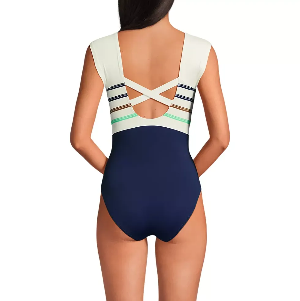 Women's Chlorine Resistant Tummy Control Cap Sleeve X-Back One Piece Swimsuit