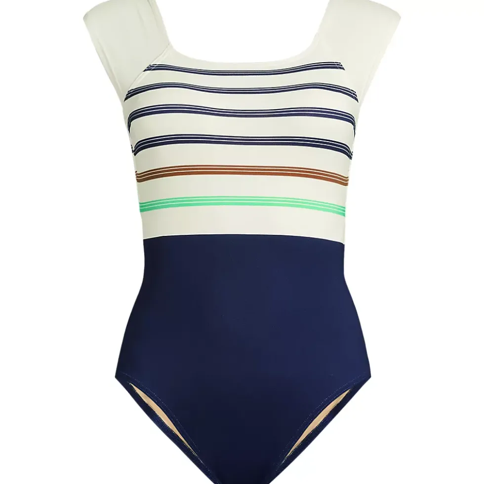 Women's Chlorine Resistant Tummy Control Cap Sleeve X-Back One Piece Swimsuit
