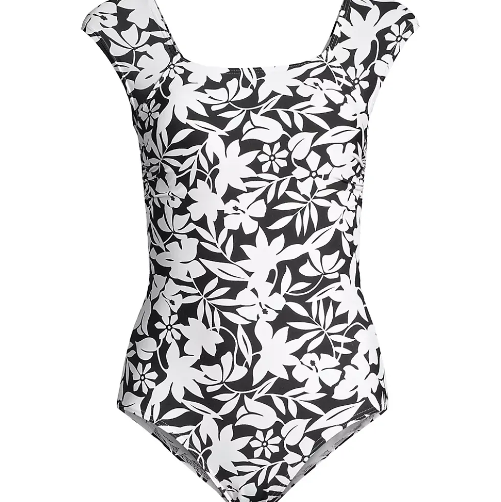 Women's Chlorine Resistant Tummy Control Cap Sleeve X-Back One Piece Swimsuit