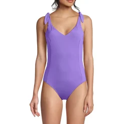 Women's Chorine Resistant Tie Shoulder V-neck High Leg One Piece Swimsuit