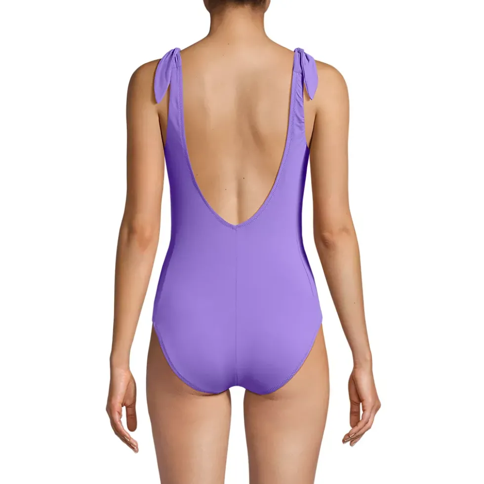 Women's Chorine Resistant Tie Shoulder V-neck High Leg One Piece Swimsuit