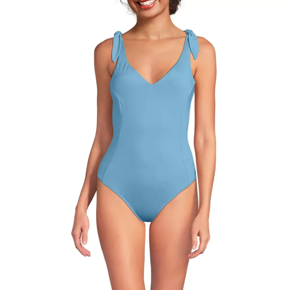 Women's Chorine Resistant Tie Shoulder V-neck High Leg One Piece Swimsuit