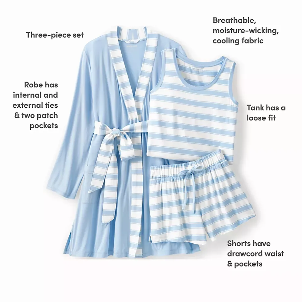 Women's Cooling 3 Piece Pajama Set - Robe Tank and Shorts