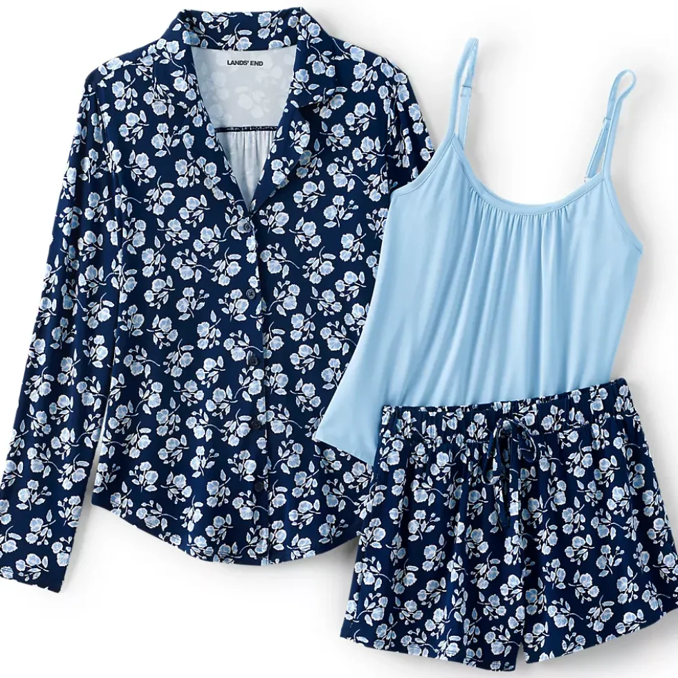 Women's Cooling 3 Piece Pajama Set - Long Sleeve Top Cami and Shorts