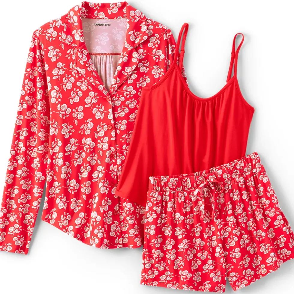 Women's Cooling 3 Piece Pajama Set - Long Sleeve Top Cami and Shorts