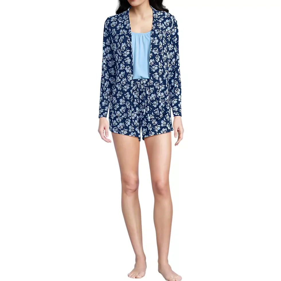 Women's Cooling 3 Piece Pajama Set - Long Sleeve Top Cami and Shorts