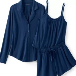 Women's Cooling 3 Piece Pajama Set - Long Sleeve Top Cami and Shorts