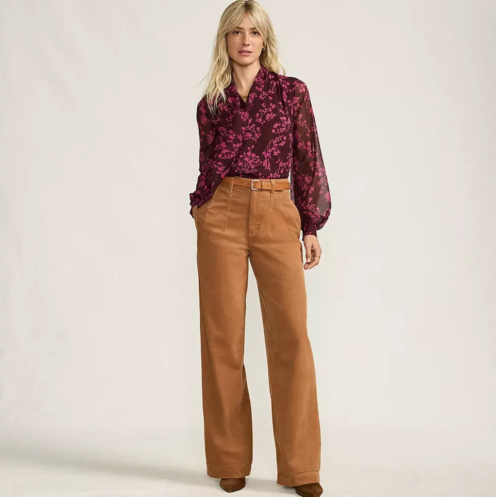 Women's Corduroy High Rise Wide Leg Top Stitch Trousers