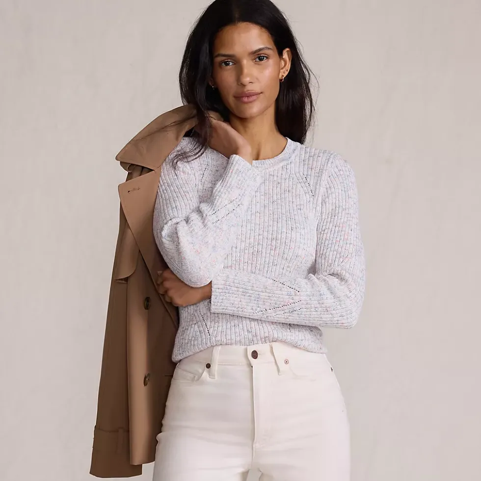Women's Cotton Blend Marl Ribbed Crew Neck Sweater