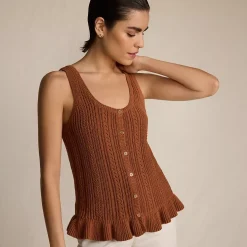 Women's Cotton Boucle Ruffle Hem Sleeveless Sweater