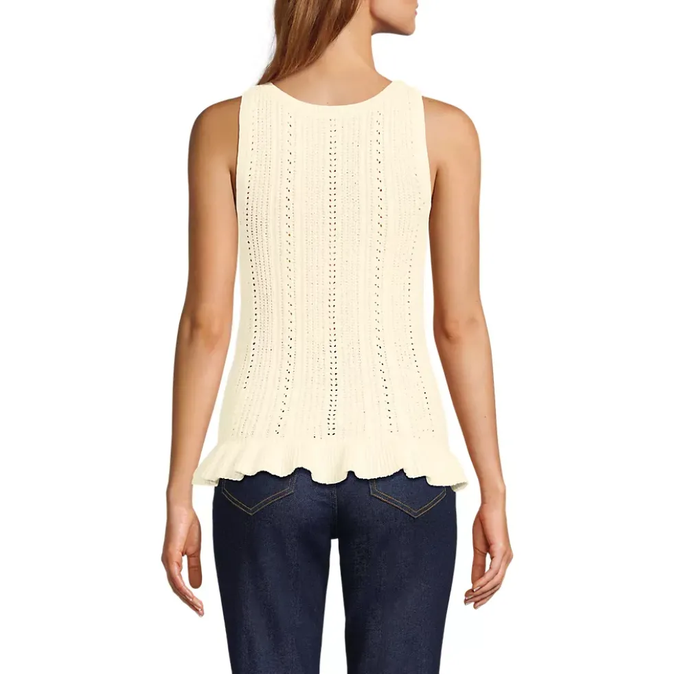 Women's Cotton Boucle Ruffle Hem Sleeveless Sweater
