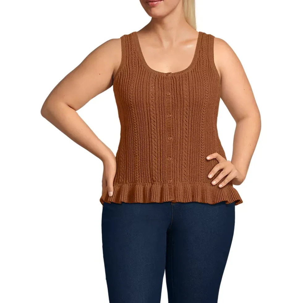 Women's Cotton Boucle Ruffle Hem Sleeveless Sweater