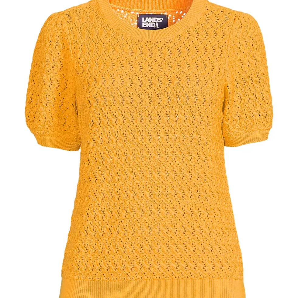 Women's Cotton Cable Puff Sleeve Crew Neck Sweater