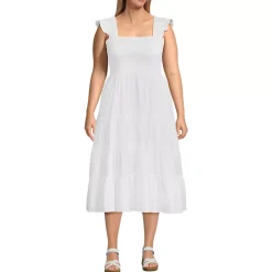 Women's Cotton Dobby Smocked Dress with Ruffle Straps