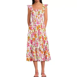Women's Cotton Dobby Smocked Dress with Ruffle Straps