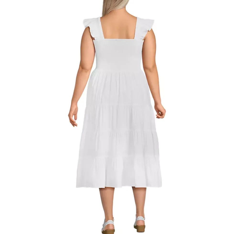 Women's Cotton Dobby Smocked Dress with Ruffle Straps
