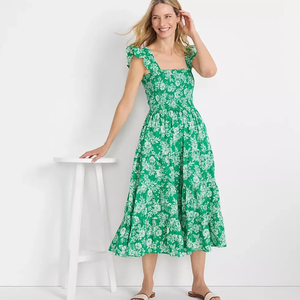 Women's Cotton Dobby Smocked Dress with Ruffle Straps
