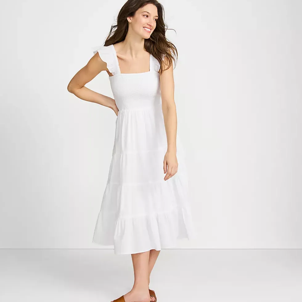 Women's Cotton Dobby Smocked Dress with Ruffle Straps