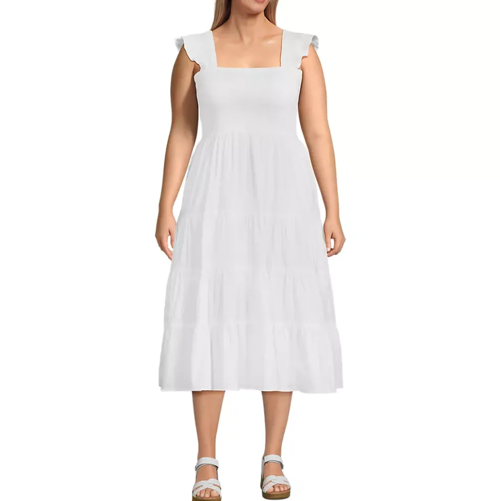 Women's Cotton Dobby Smocked Dress with Ruffle Straps