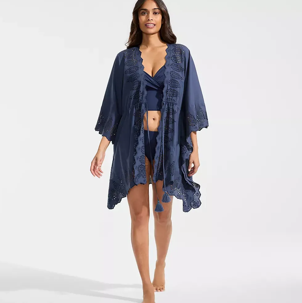 Women's Cotton Eyelet Tie Kimono Cover-Up