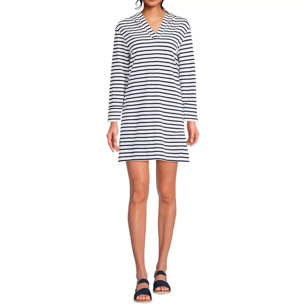 Women's Cotton Jersey Long Sleeve Hooded Swim Cover-up Dress