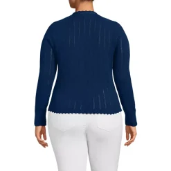 Women's Cotton Pointelle Satin Trim Cardigan Sweater