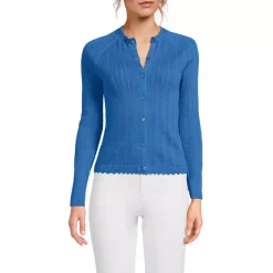 Women's Cotton Pointelle Satin Trim Cardigan Sweater