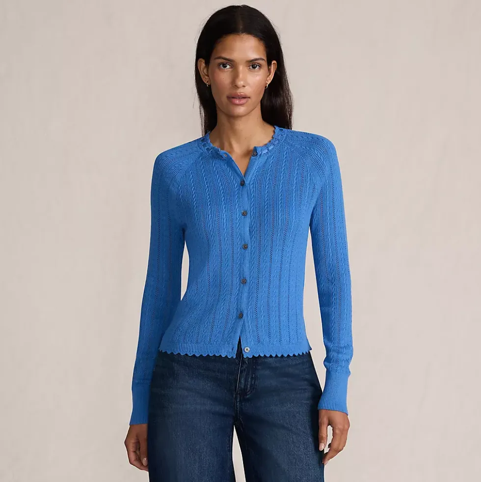 Women's Cotton Pointelle Satin Trim Cardigan Sweater