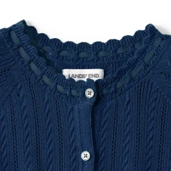 Women's Cotton Pointelle Satin Trim Cardigan Sweater
