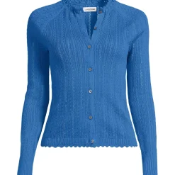 Women's Cotton Pointelle Satin Trim Cardigan Sweater