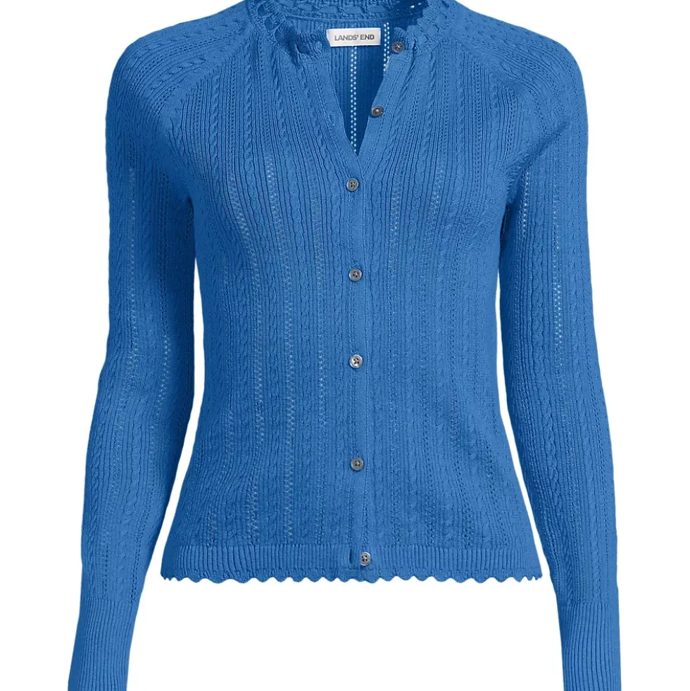 Women's Cotton Pointelle Satin Trim Cardigan Sweater