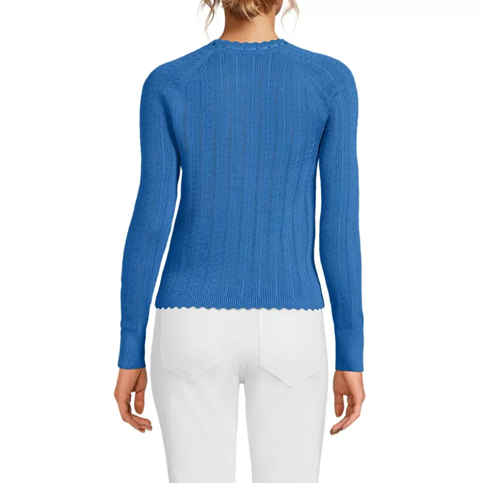 Women's Cotton Pointelle Satin Trim Cardigan Sweater