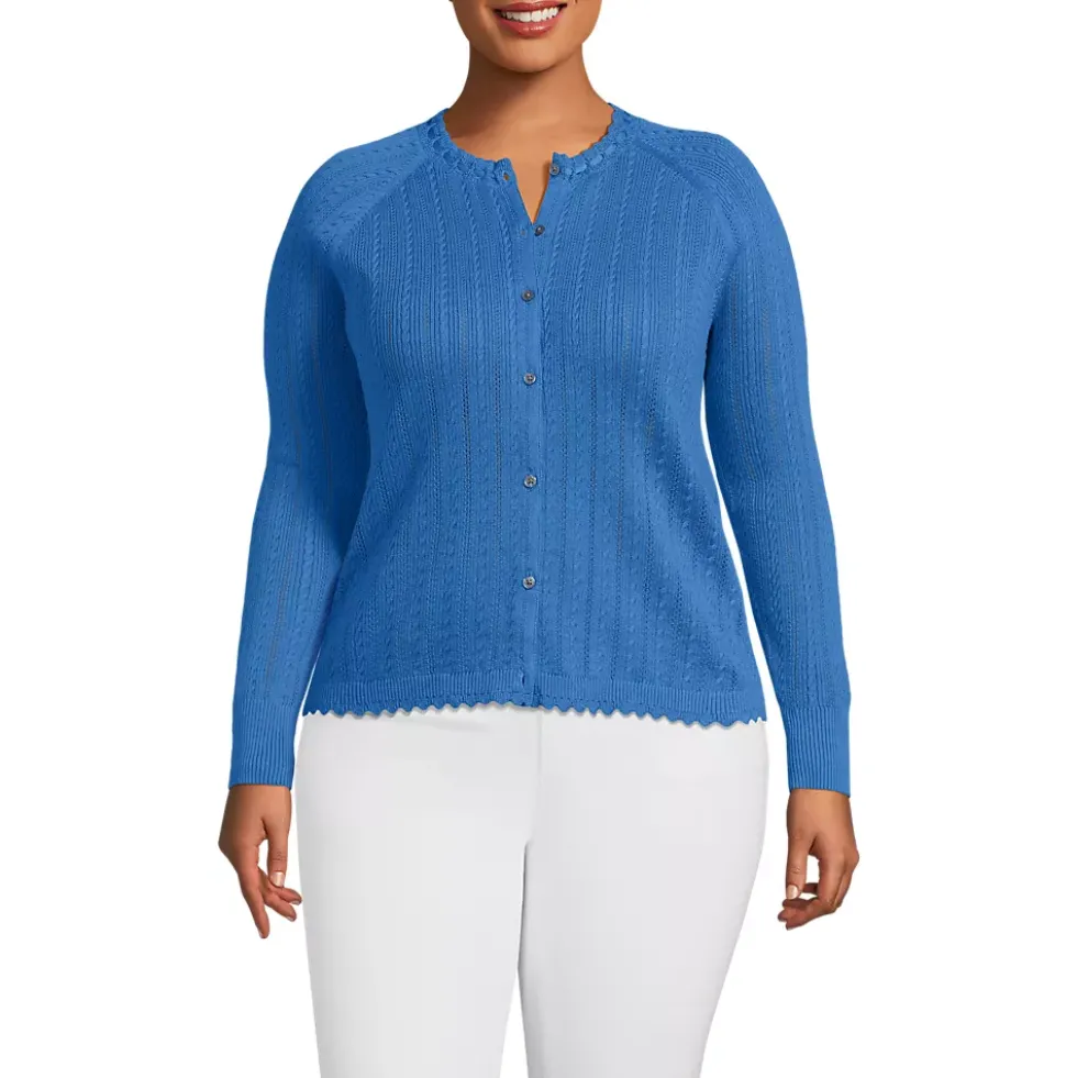 Women's Cotton Pointelle Satin Trim Cardigan Sweater