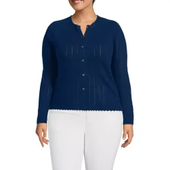 Women's Cotton Pointelle Satin Trim Cardigan Sweater