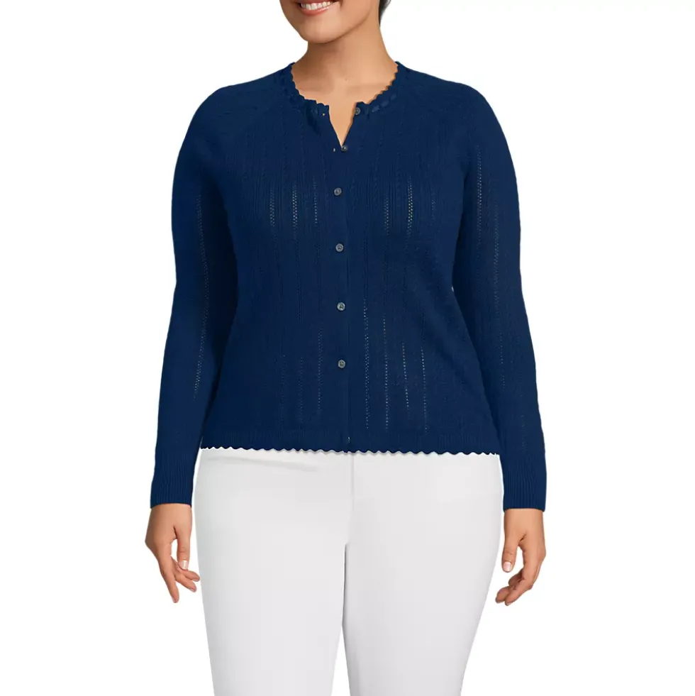 Women's Cotton Pointelle Satin Trim Cardigan Sweater