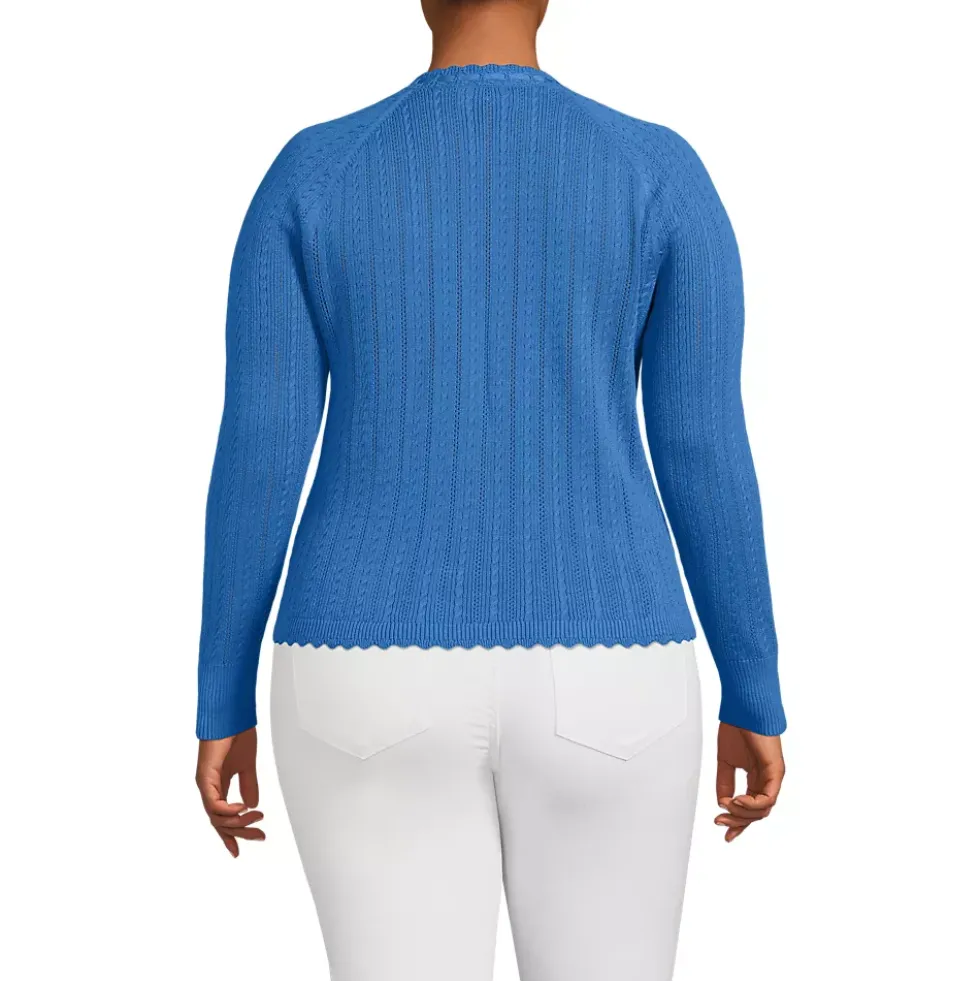 Women's Cotton Pointelle Satin Trim Cardigan Sweater