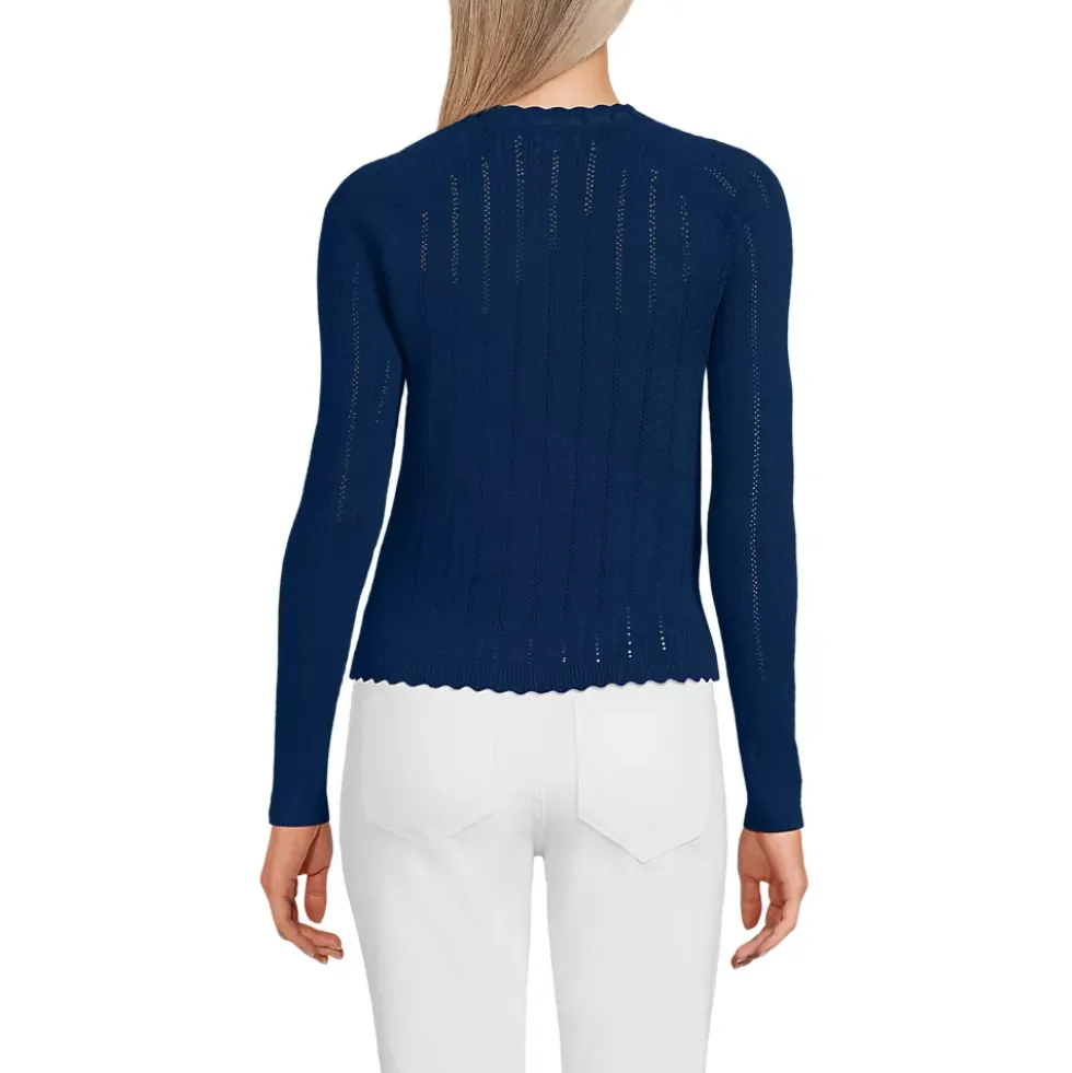 Women's Cotton Pointelle Satin Trim Cardigan Sweater