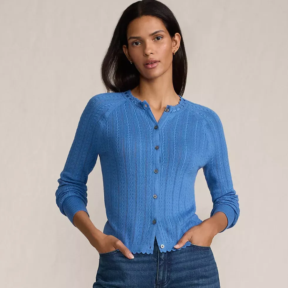 Women's Cotton Pointelle Satin Trim Cardigan Sweater