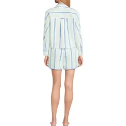 Women's Cotton Poplin 2 Piece Pajama Set - Long Sleeve Top and Shorts with Piping