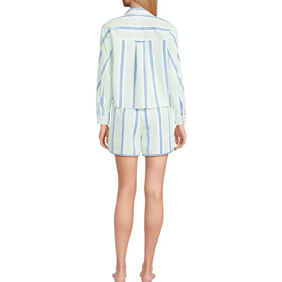 Women's Cotton Poplin 2 Piece Pajama Set - Long Sleeve Top and Shorts with Piping