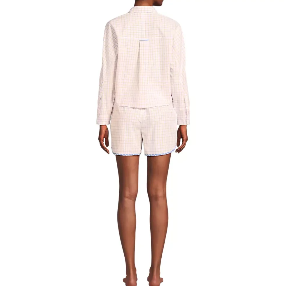 Women's Cotton Poplin 2 Piece Pajama Set - Long Sleeve Top and Shorts with Piping