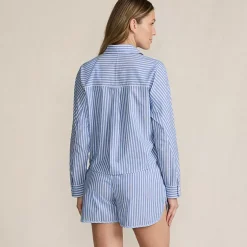Women's Cotton Poplin 2 Piece Pajama Set - Long Sleeve Top and Shorts with Piping