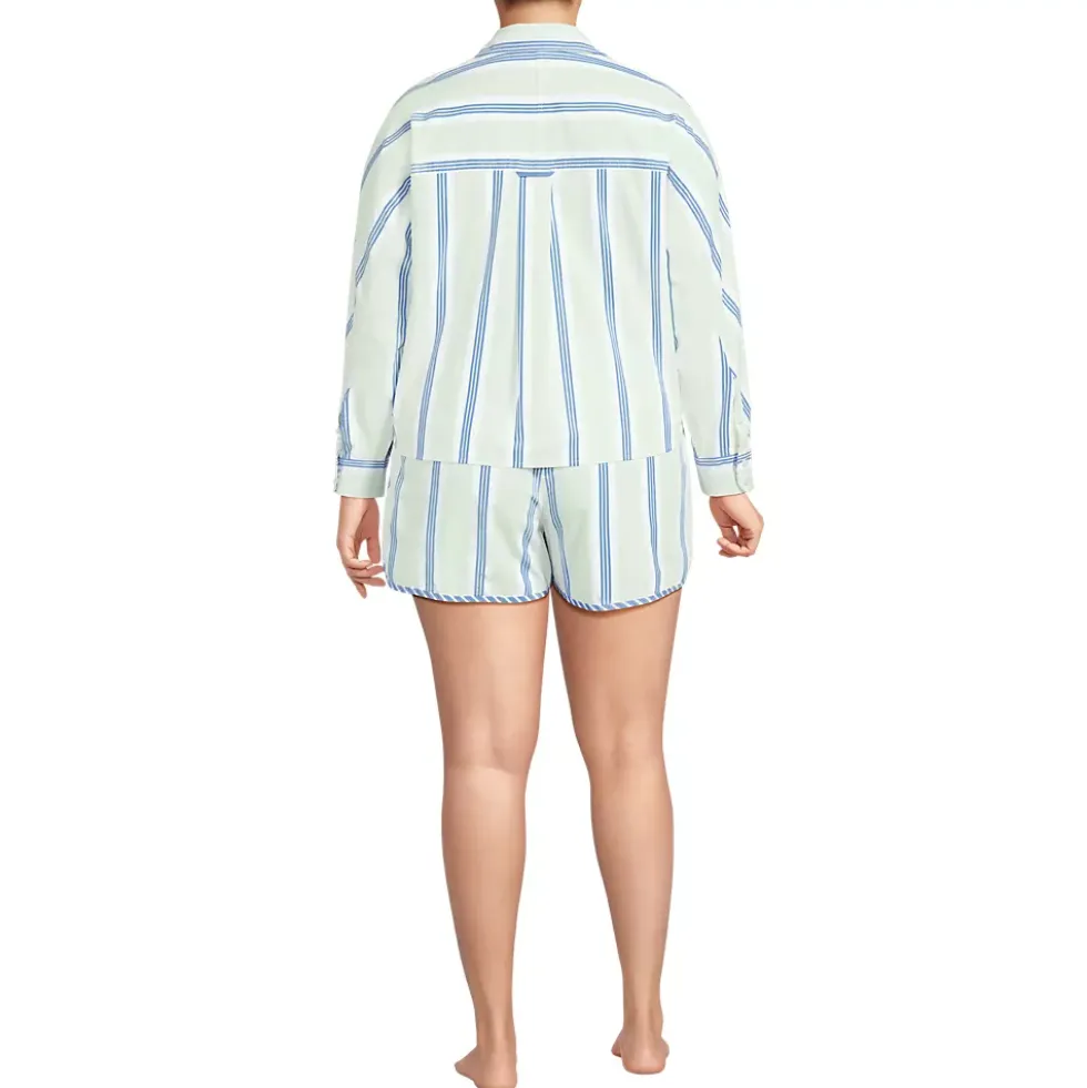 Women's Cotton Poplin 2 Piece Pajama Set - Long Sleeve Top and Shorts with Piping