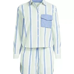 Women's Cotton Poplin 2 Piece Pajama Set - Long Sleeve Top and Shorts with Piping