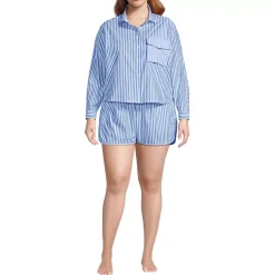 Women's Cotton Poplin 2 Piece Pajama Set - Long Sleeve Top and Shorts with Piping